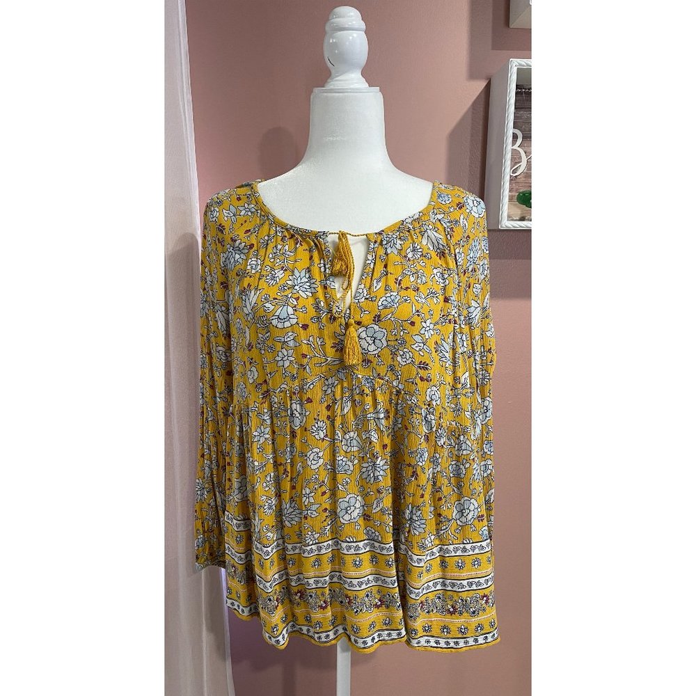 Old Navy Yellow Froral Tasel Tie Boho Blouse Top